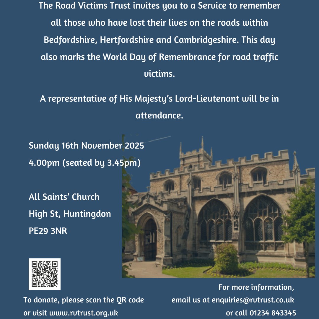 Our annual church service in memory of those who have died on the roads in Beds, Herts &amp; Cambs🧡

All Saints' Church, High St, Huntingdon, PE29 3NR Sunday 16th November 2025
4pm (seated by 3.45pm) 

If you would like to attend, email enquiries@rvtrust.co.uk or call 01234 843345