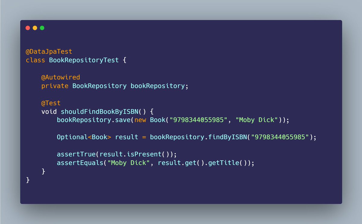 mario_casari's tweet image. 🚀 Spring Boot: With @DataJpaTest you can test JPA repositories in isolation.
@DataJpaTest only loads only the JPA layer and not the entire application context, using an in-memory database (H2), and rolls back transactions after each test.
#SpringBoot #Java