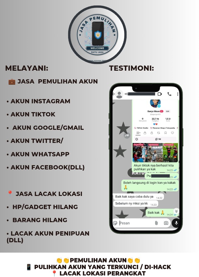 redstacr's tweet image. 📱 JASA  PEMULIHAN AKUN
•  Akun Instagram
•  Akun TikTok
•   Akun Google/Gmail
•  Akun Twitter/
•  Akun WhatsApp
•   Akun Facebook(DLL)

📍 JASA LACAK LOKASI 
•  HP/Gadget Hilang
•  Barang Hilang
•  Lacak Akun Penipuan
(DLL)

WA.me/+6288270915734