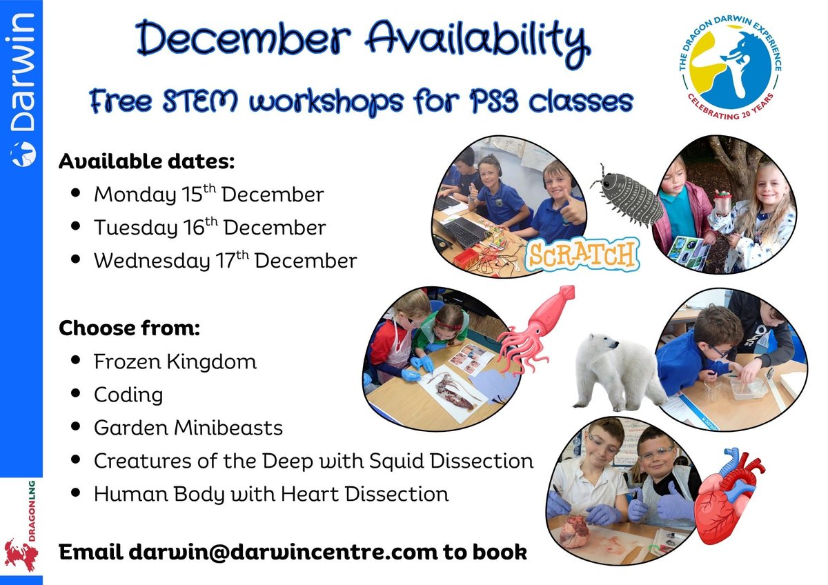 darwincentre's tweet image. December availability for free PS3 STEM workshops! These could be a great way to summarise Autumn term topics or an exciting intro to Spring term topics! Email darwin@darwincentre.com to book. #STEMeducation #STEMworkshops #Pembrokeshire @DragonLng