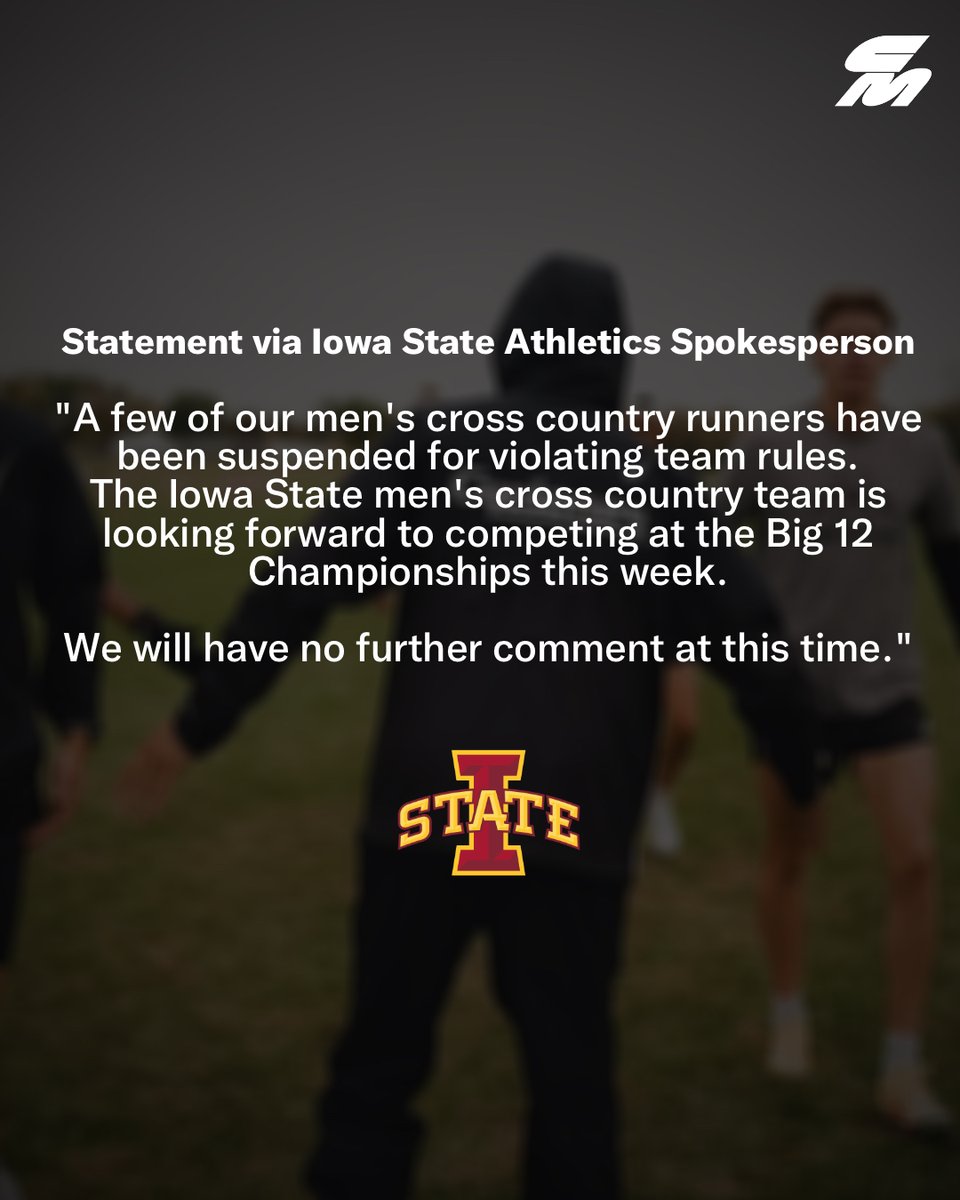 CitiusMag's tweet image. A statement from an Iowa State athletic department spokesperson this morning:

“A few of our men's cross country runners have been suspended for violating team rules. The Iowa State men's cross country team is looking forward to competing at the Big 12 Championships this week. We…