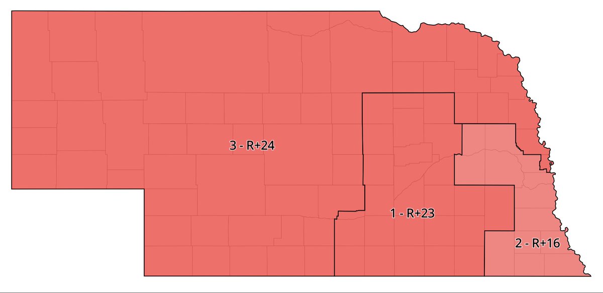 erickson_68's tweet image. 🚨 ALTERNATIVE Nebraska 3R-0D map. 𝐀𝐥𝐥 𝐭𝐡𝐫𝐞𝐞 𝐝𝐢𝐬𝐭𝐫𝐢𝐜𝐭𝐬 𝐯𝐨𝐭𝐞𝐝 𝐟𝐨𝐫 𝐓𝐫𝐮𝐦𝐩 𝐛𝐲 𝟏𝟔%+. 
NE01 (Flood, R): R+13.4 ➡️ R+22.6
NE02 (Bacon, R): D+4.2 ➡️ R+16.0
NE03 (Smith, R): R+53.8 ➡️ R+24.3
In this version, Lincoln (Lancaster County) returns to NE01,…