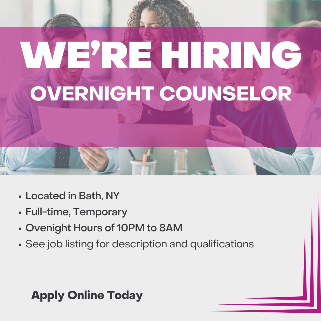 We have an immediate opening in Bath for an Overnight Counselor. This is a full-time position during the hours of 10pm to 8am. Check out the link for the full description and to apply online 👇
…mpletepayroll.evolutionadvancedhr.com/JobApplication…