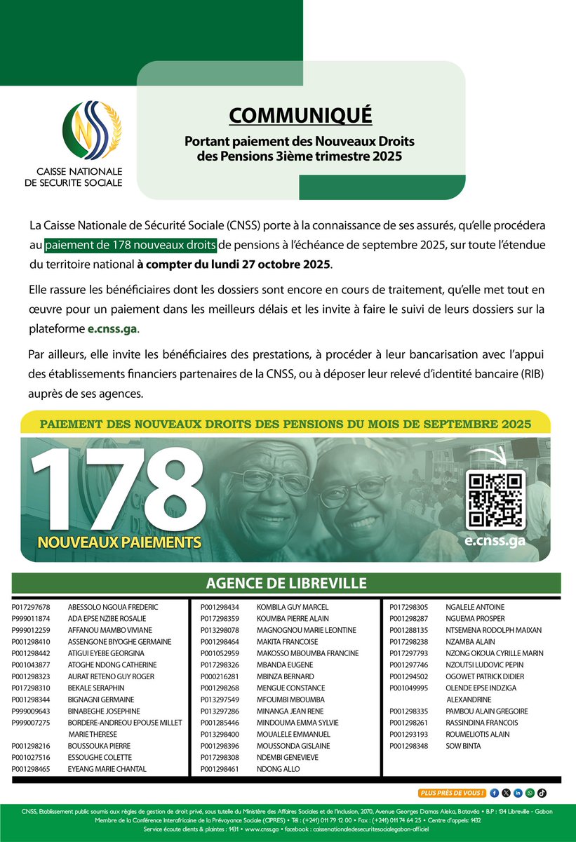 CnssGeneral's tweet image. LISTES DES BÉNÉFICIAIRES DES PENSIONS NOUVEAUX DROITS du troisième trimestre 2025