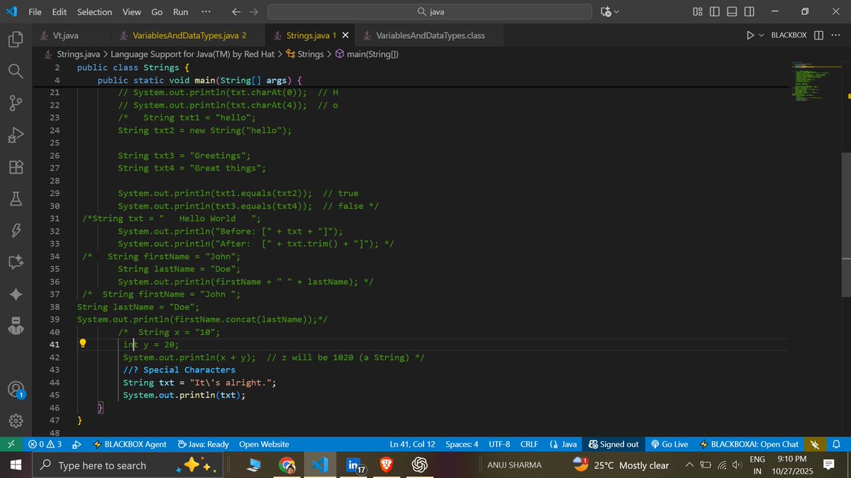 Learn_with_VB's tweet image. Day 27 & 28 completed of #100daysofcodingchallenge  These 2 days i learned about variables , data types , type casting , strings and methods of strings. below i share my code with snippets. #LearnInPublic #Java