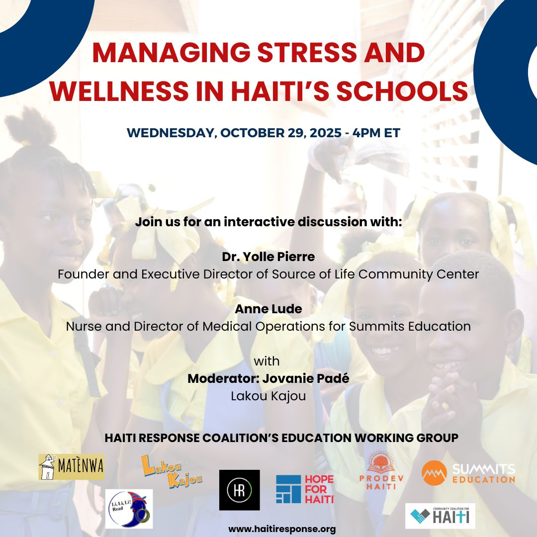 Please join us on Wednesday, October 29th at 4pm ET for a discussion on Managing Stress and Wellness in Schools in #Haiti. In kreyòl with English interpretation. Register now: zoom.us/meeting/regist… <a href="/HaitiResponse/">HaitiResponseCoalition</a>