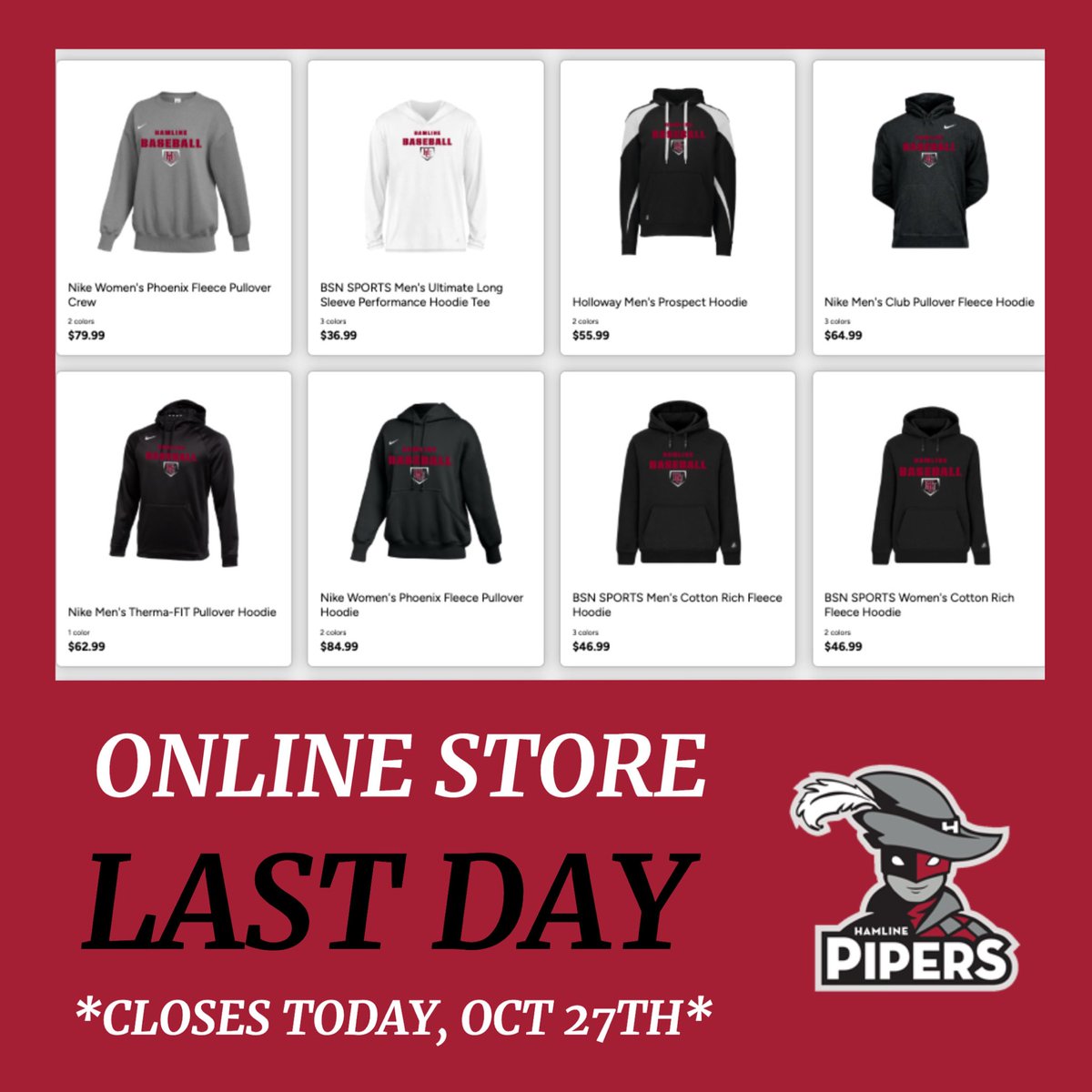 🛒ONLINE STORE🛒

Today (OCT 27th) is the LAST DAY to get your HU Baseball gear from our online store!

The online store will close at 11:59PM CT. Get yours before it’s too late!

bsnteamsports.com/shop/XDperEJcex