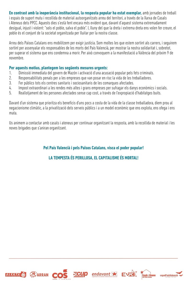 Dimecres 29 us esperem a les 19h davant de la seu del PP per assenyalar al seu govern negligent, a les seves empreses criminals i un estat al servei del capital. 

Solidaritat amb les víctimes i denúncia d’un sistema que prioritza els beneficis a la vida.

Llegiu el manifest👇👇