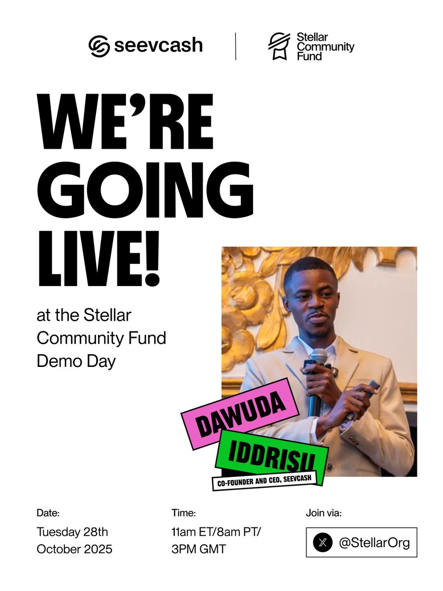 seevcash's tweet image. Missed @Dawoodiddris demo of what @seevcash is building?
Here’s your second chance!
🎤 Join us this Tuesday, Oct 28, on the @StellarOrg  page right here, for the Stellar Community Fund Demo Day.

Come with your questions, and your applause 👏

#StellarCommunityFund #Seevcash