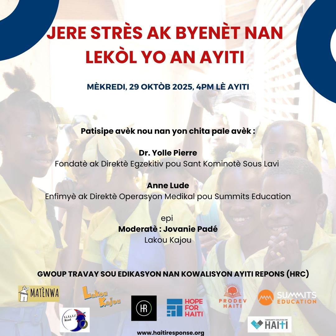 Tanpri vin patisipe ak nou Mèkredi 29 Oktòb a 4è aprèmidi nan yon chita pale sou jan pou rive Jere Estrès ak Byennèt nan Lekòl yo an Ayiti. Enskri kounye a pou resevwa lyen Zoom pou patisipe: zoom.us/meeting/regist… #Ayiti <a href="/HaitiResponse/">HaitiResponseCoalition</a>
