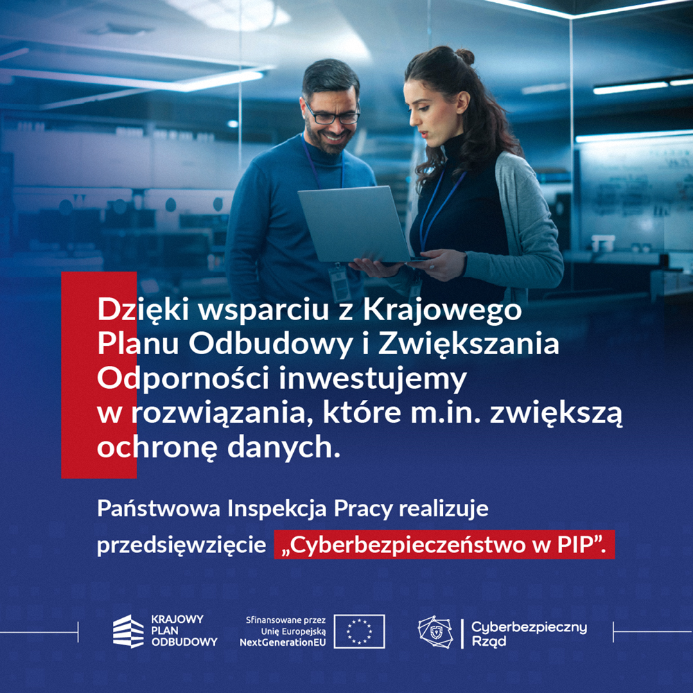 🇵🇱🇪🇺Państwowa Inspekcja Pracy realizuje  projekt „Cyberbezpieczeństwo w PIP", który otrzymał dofinansowanie z Unii Europejskiej w wysokości 9 994 574,10 PLN.
#KPO #UE #cyberbezpieczeństwo