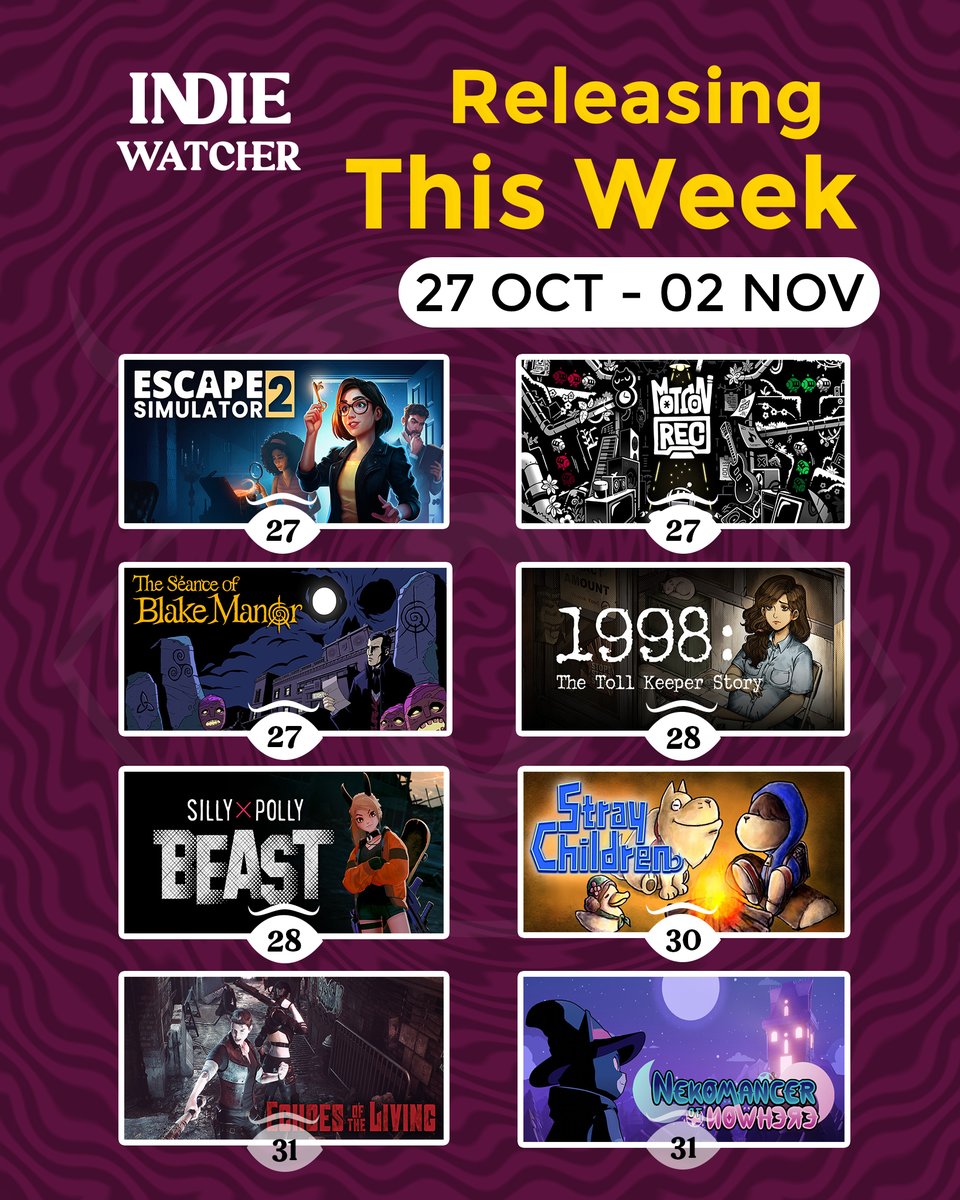 Releasing this week

Escape Simulator 2
MotionRec
The Séance of Blake Manor
1998: The Toll Keeper Story
Silly Polly Beast
Stray Children
Echoes of the Living
Nekomancer of Nowhere

#indiegame #indiedev