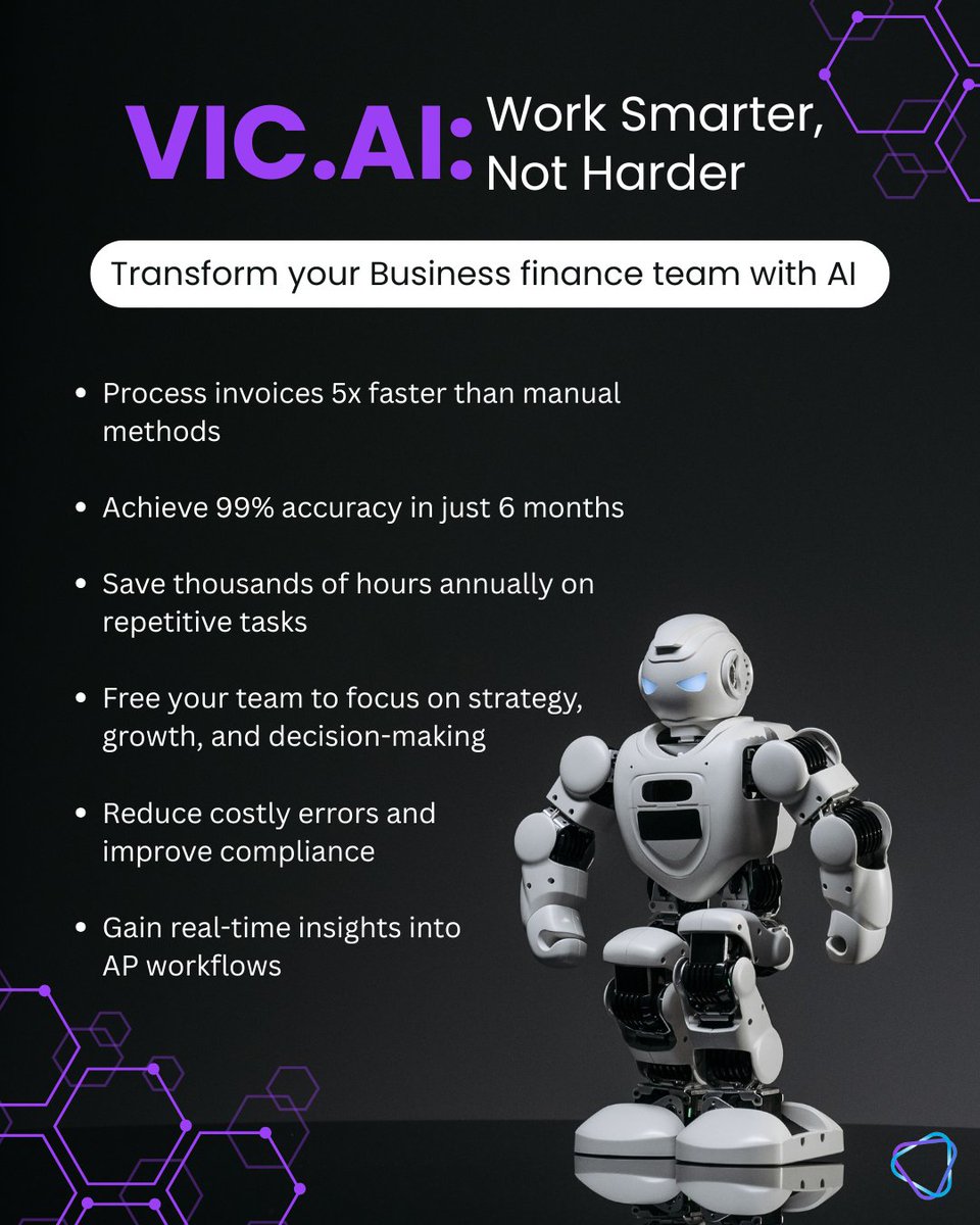 elijs_dev's tweet image. Process invoices 5X faster, achieve near-perfect accuracy, gain real-time visibility into cash flow: zero manual effort.
Free your finance team from repetitive tasks, focus on what matters: strategy, growth, and smarter decisions
👉 vic.ai

#FinTech #AIAutomation