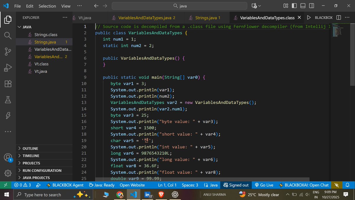 Learn_with_VB's tweet image. Day 27 & 28 completed of #100daysofcodingchallenge  These 2 days i learned about variables , data types , type casting , strings and methods of strings. below i share my code with snippets. #LearnInPublic #Java