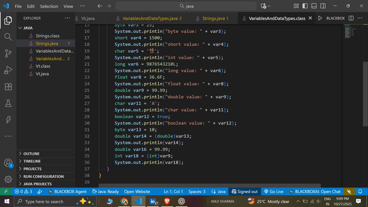 Learn_with_VB's tweet image. Day 27 & 28 completed of #100daysofcodingchallenge  These 2 days i learned about variables , data types , type casting , strings and methods of strings. below i share my code with snippets. #LearnInPublic #Java