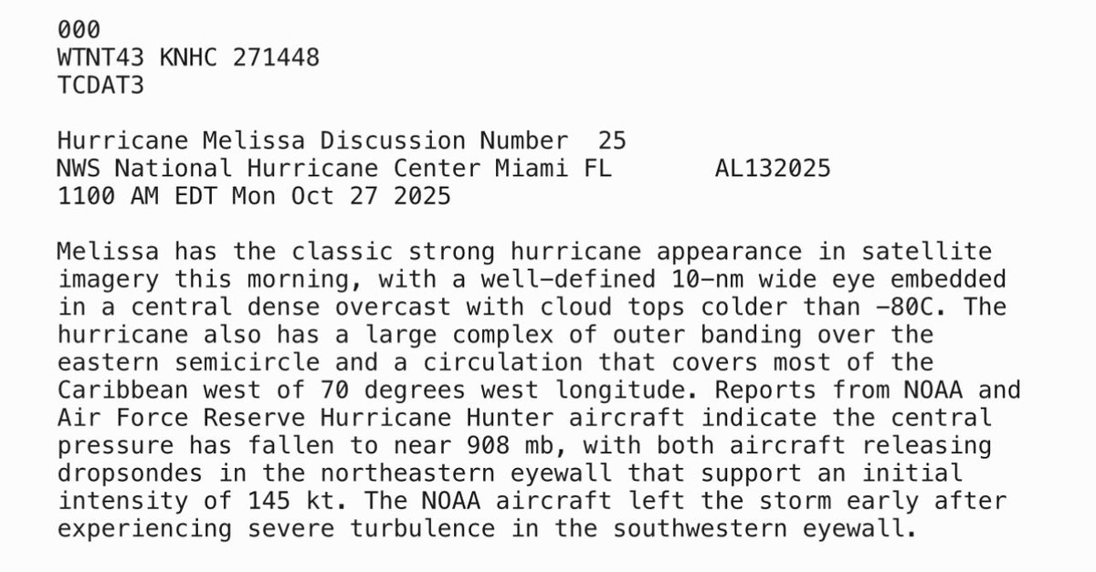National Hurricane Center forecast discussion mentions NOAA aircraft had to leave #Melissa early due to severe turbulence in the southwestern eyewall.