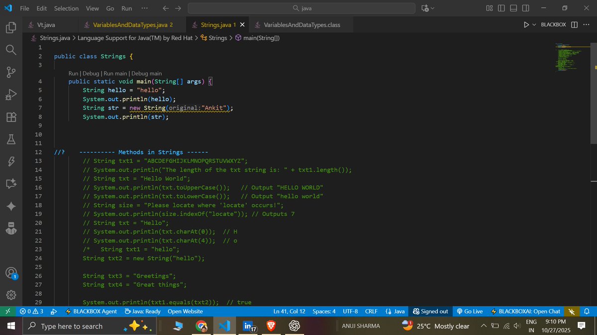 Learn_with_VB's tweet image. Day 27 & 28 completed of #100daysofcodingchallenge  These 2 days i learned about variables , data types , type casting , strings and methods of strings. below i share my code with snippets. #LearnInPublic #Java