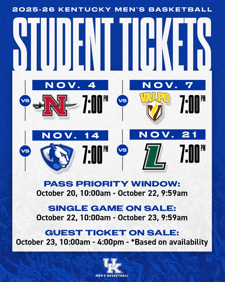Tickets are still available to claim and purchase for the next 5 home games in Rupp Arena!

Tickets are also now available to claim for season pass holders for the remaining home football games. Single game tickets will go on sale Wednesday. 

Go Cats! 🔗UKStudentTix.com