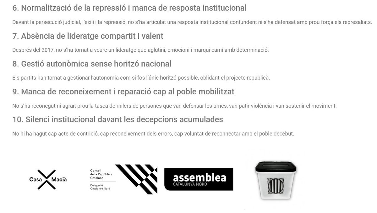Lllista de greuges lliurada per la #Columna27 d'Octubre de <a href="/Catalunya_Nord/">CatNord x independència Territorial de l'Assemblea</a> en el vuitè aniversari de la declaració d'independència de Catalunya.
columna.catalunyanord.cat/index.php/llis…