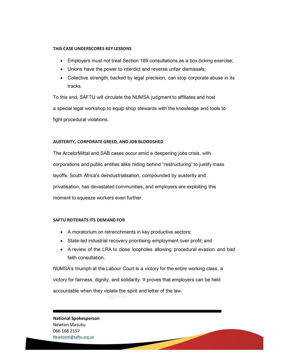 SAFTU_media's tweet image. SAFTU celebrates @Numsa_Media land mark victory against Arcelormittal: A turning point in defending workers from retrenchment abuse.@SAFTU_media @fawu_media @Numsa_Media #SAB