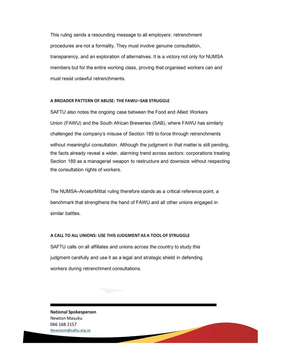 SAFTU_media's tweet image. SAFTU celebrates @Numsa_Media land mark victory against Arcelormittal: A turning point in defending workers from retrenchment abuse.@SAFTU_media @fawu_media @Numsa_Media #SAB