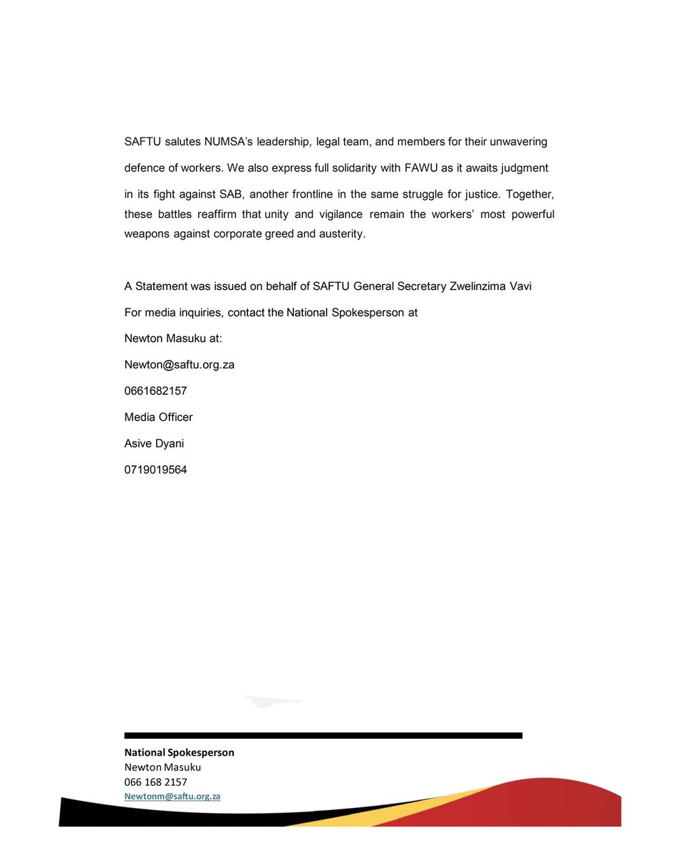 SAFTU celebrates <a href="/Numsa_Media/">NUMSA</a> land mark victory against Arcelormittal: A turning point in defending workers from retrenchment abuse.<a href="/SAFTU_media/">SAFTU</a> <a href="/fawu_media/">FAWU Media</a> <a href="/Numsa_Media/">NUMSA</a> #SAB