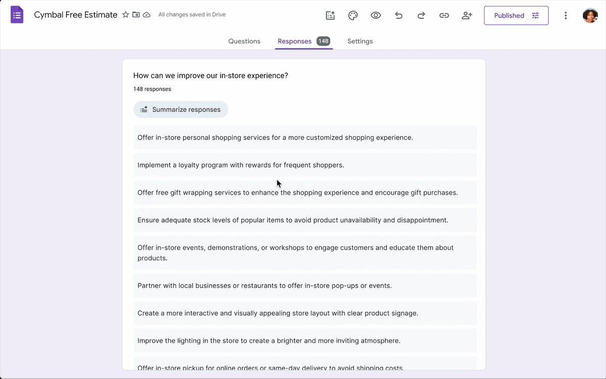 googledocs's tweet image. Analyzing feedback just got a major boost. Gemini in Google Forms can now summarize responses! It identifies the main themes from your data, so you can understand the key takeaways without combing through every entry. Try it today at forms.new!