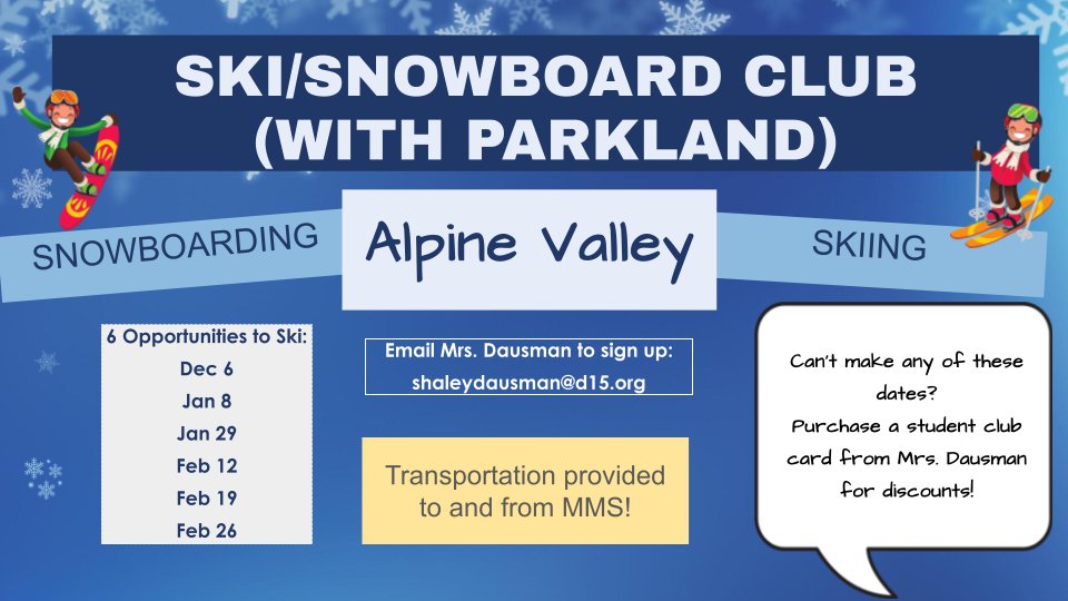 🏔️✨ New Adventure Alert! Join our Ski/Snowboarding Club for an epic winter experience! 🎿❄️
MMS &amp; PKLD students can enjoy discounted rates and bus transport to and from school! 🚍
Are you ready to shred some snow? 🌨️🙌 Check the link for more info! 🏔️✨
trst.in/tsJbif