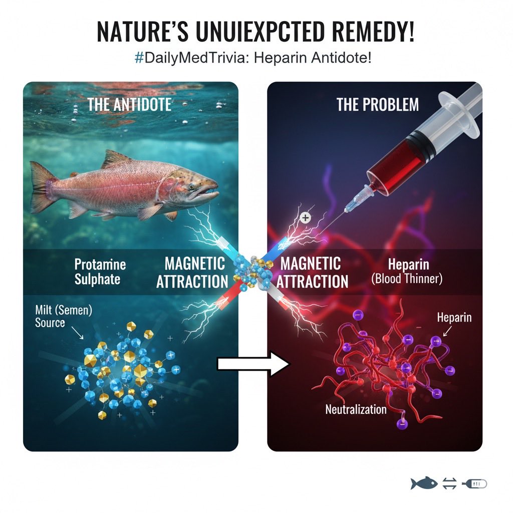 VincentVanGyaan's tweet photo. #MedTrivia 1
Ever wondered how doctors quickly reverse the common blood thinner, heparin? The antidote comes from one of the most unexpected places in nature...
Protamine sulfate, the drug used to neutralize heparin, was originally derived from the milt (semen) of salmon!!!! 🐟
It's a perfect example of nature's lock-and-key design. Heparin is strongly negatively charged (-). Protamine is a protein packed with positive charges (+).
When introduced, it acts like a powerful magnet 🧲, binding to heparin and instantly switching off its anticoagulant effect.
Fascinating!
@IFLScience @ScienceAlert @ICMRDELHI @WHO @MedTwX