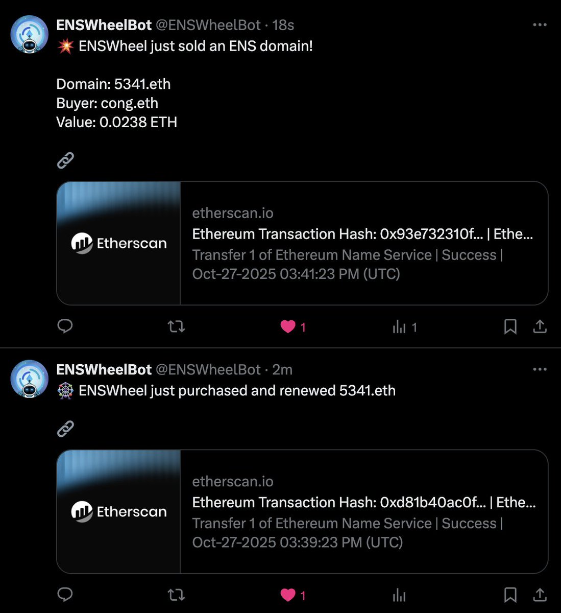 Hey guys, my bot is working and the wheel is spinning!  If you have any feedback on data and functionalities I'll be happy to add them <a href="/ENSWheelBot/">ENSWheelBot</a>.

If you turn on notifications you can snatch the cheap ones like cong.eth just did (a few seconds faster than me lol). #ENS 

Who