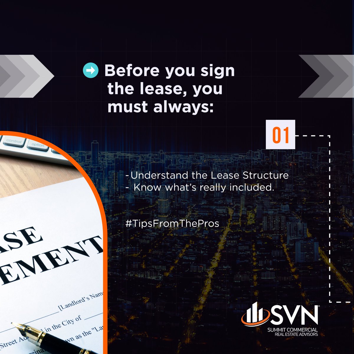 SVNSummitCRE's tweet photo. ⏯️ Starting our leasing series with the #1 check: know your lease structure. Gross, Modified Gross, or NNN? That $/SF is just the start — taxes, insurance &amp; CAM can flip a “cheap” lease into a costly one. Know who pays what before signing. #TipsFromThePros 🔥 DM us for help ✅ https://t.co/CPEvXAm8SE