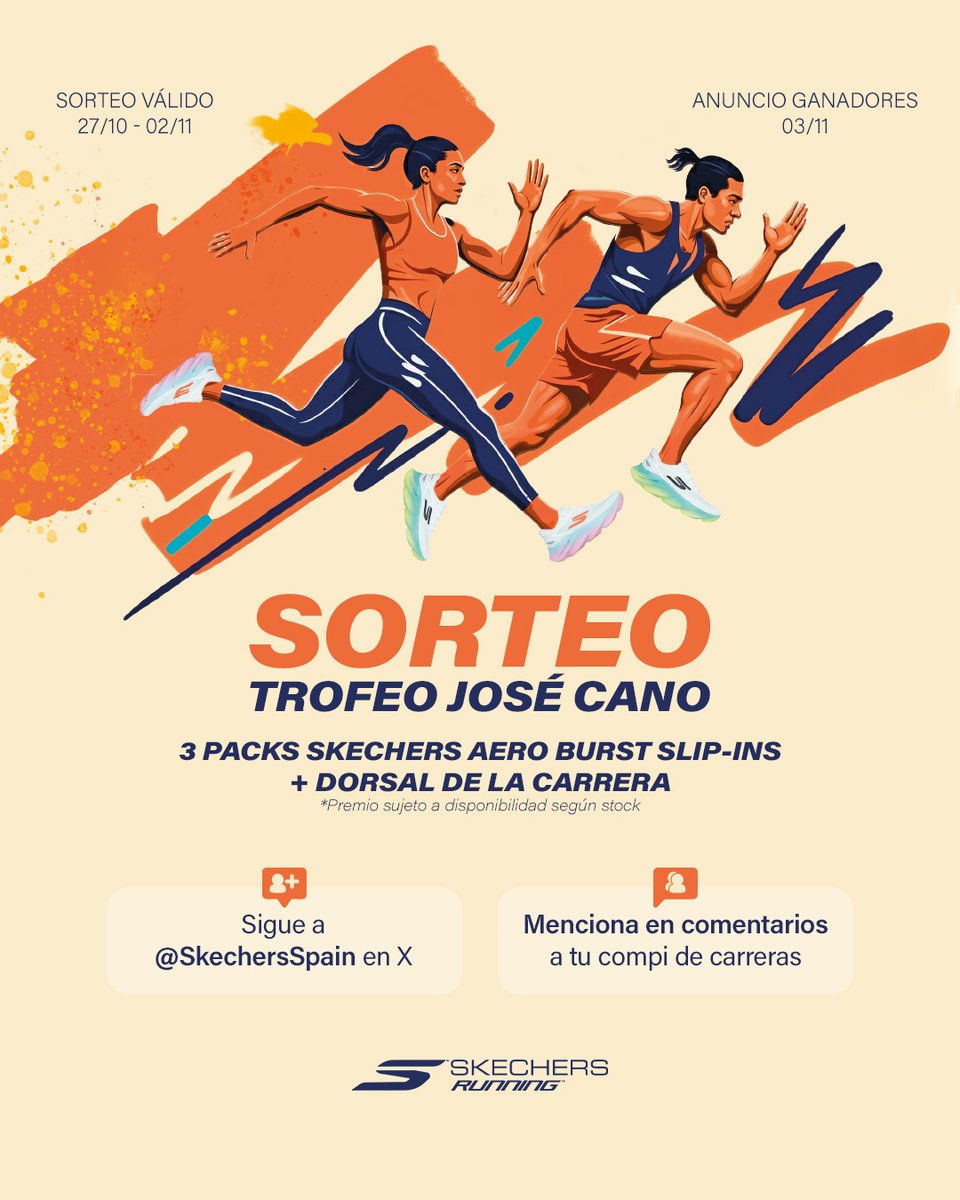SkechersSpain's tweet image. ¡SORTEO! ¿Quieres correr el Trofeo José Cano el próximo 30/11? Participa y podrás ganar 1 de los 3 packs de: Skechers AERO Burst Slip-Ins + dorsal de la carrera.

¿Cómo participar? ¡Fácil!:
1. Sigue a @SkechersSpain 
2. Menciona en comentarios a tu compi de carreras
*BBLL en bio