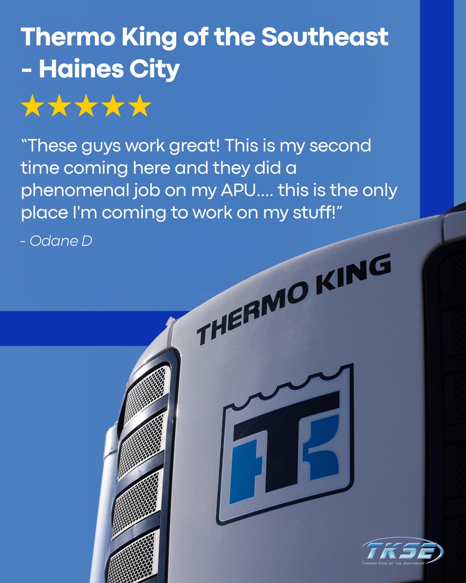 Nothing makes us prouder than hearing from satisfied customers! 🙌

Our Haines City team knocked it out of the park again - and at TKSE, you can expect that same elite service and expert care at all 8 of our locations across the Southeast.

#TKSE #ThermoKing