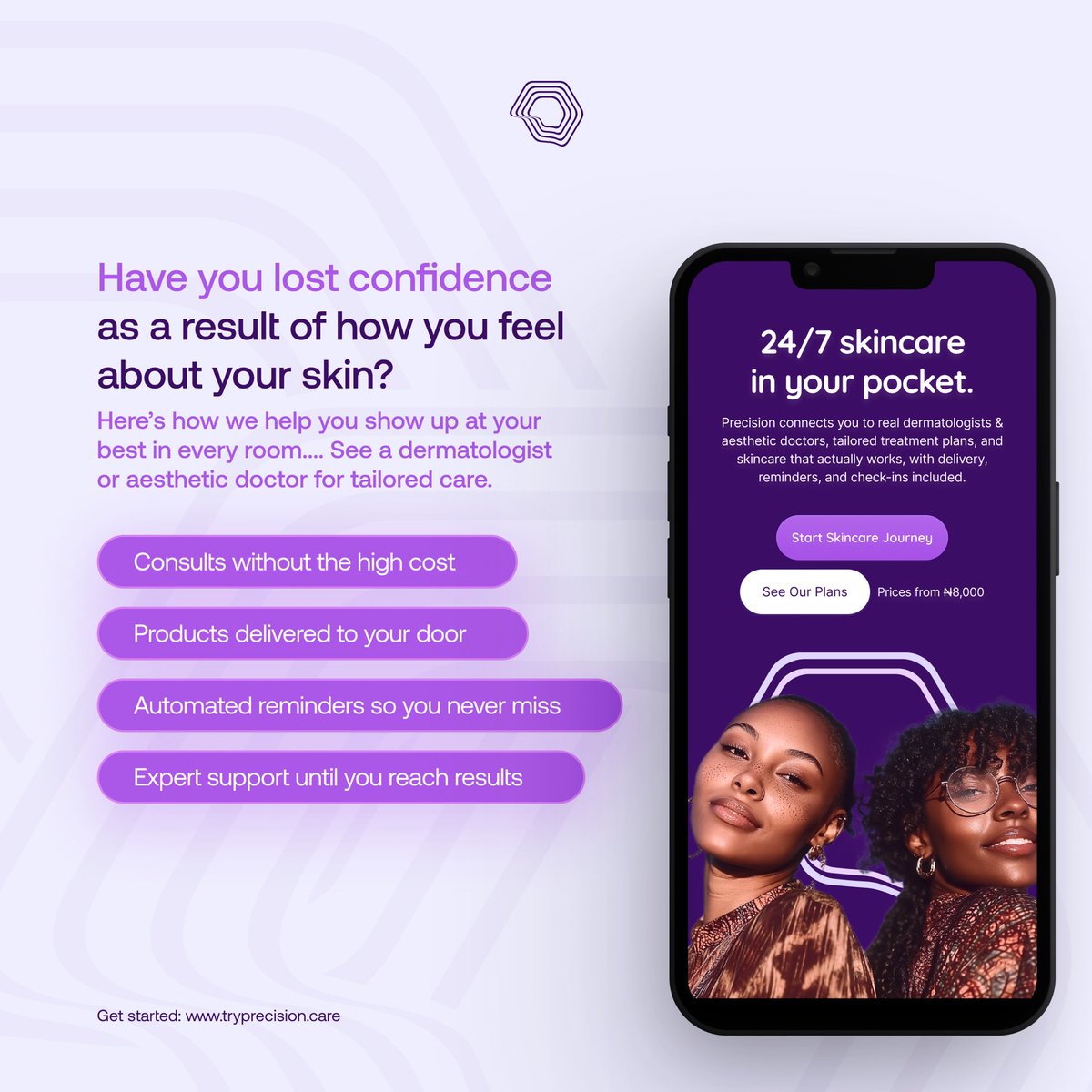 alex_eniola4's tweet image. At Precision Health, we help you consult a dermatologist & aesthetic doctor + deliver your recommended skincare products to your door with automated reminders, progress tracking, photo journaling & expert guidance when needed.
Get Started: tryprecision.care