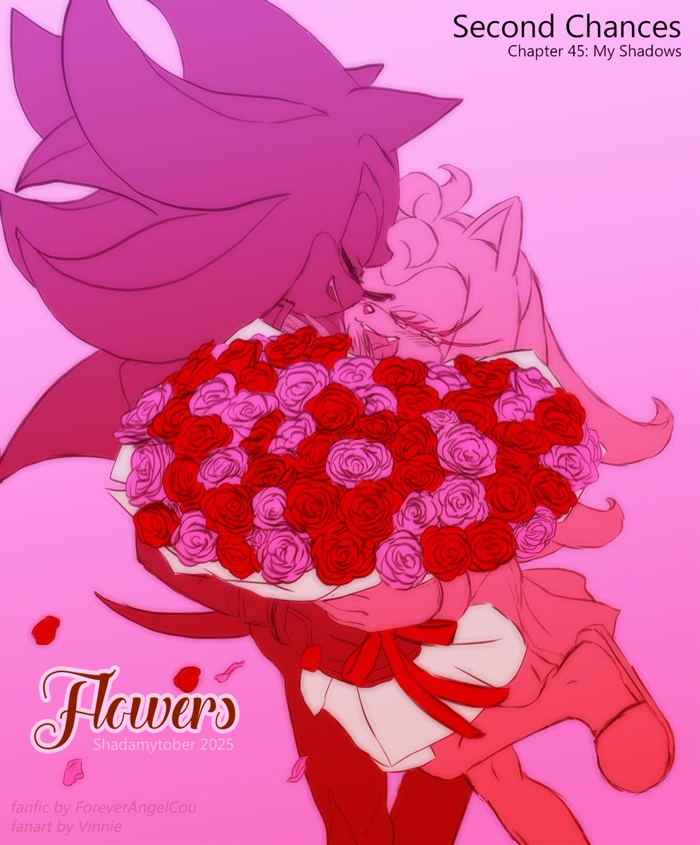 For #Shadamytober, have a scene from <a href="/AngelCouForever/">ForeverAngelCou🔞</a>'s #shadamy fic "Second Chances". 

Since I'm frustrated the flowers are hiding the characters I've made another version below ⬇️

Day 12: Flowers
#Shadamytober2025
#SecondChancesAu
