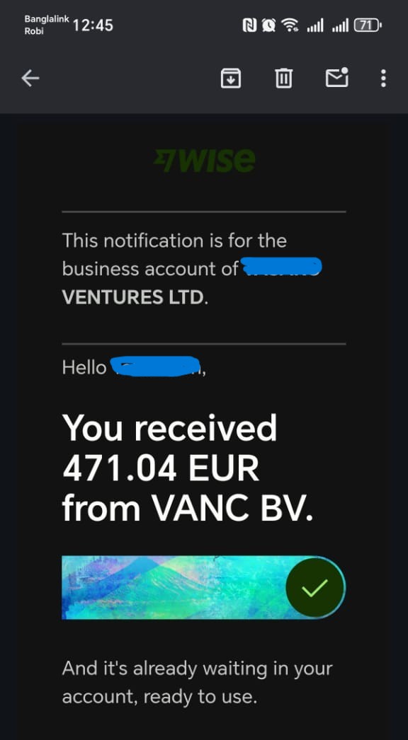 Another payment received on our Wise Business Account!  In 2025, focus on learning smart skills where competition is low. Stay consistent, work smart, and success will follow! 
DM us to learn how to grow your online Business. 

 #WiseBusiness #2025Goals