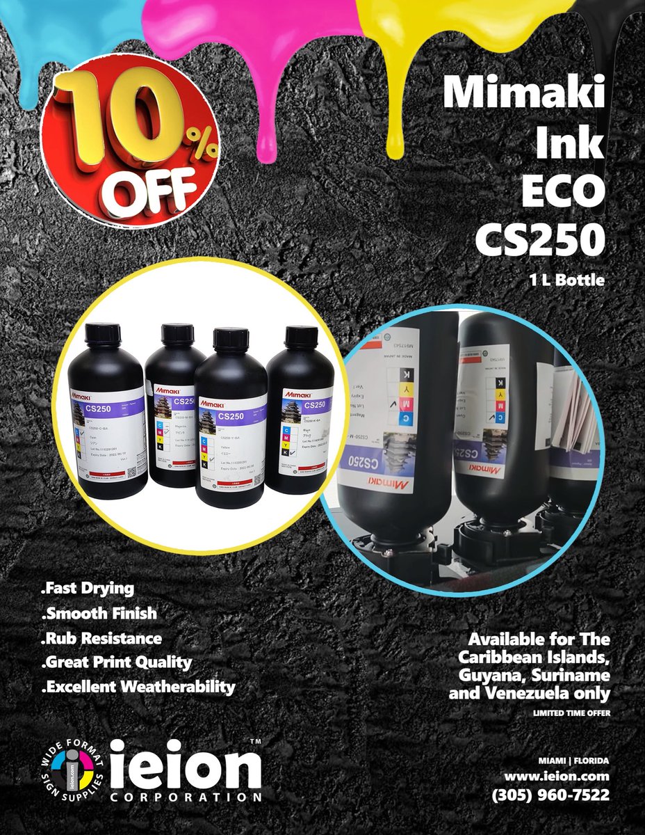 ieionofficial's tweet image. Mimaki Ink ECO CS250 1 L Bottle
SKU: i3000367
Wide Format Sign Supplies
Address: 6832 &amp;amp; 6834 NW 77th Ct, Miami, Florida, 33166
Contact us:
+1 (305) 960-7522
info@ieion.com  
ieion.com

#WideFormatPrinting #PrintSolutions #fyp #MimakiCS250 #EcoSolventInk