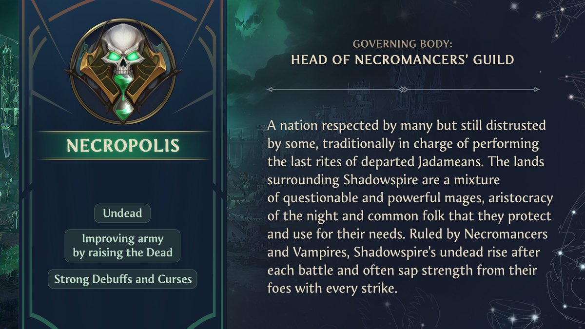 Left for the last, the powerful and ambitious Necropolis is the fourth and final faction you can try out in Heroes of Might and Magic: Olden Era’s demo. Now that we have introduced the Father of Necromancy to you on Friday, here’s a quick infographic about the Necromancers and