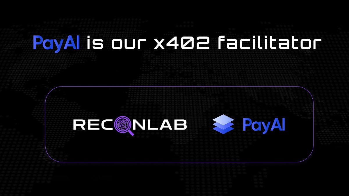 Reconlab_AI's tweet image. $RECON now integrates with @PayAINetwork as our x402 facilitator.

Enhancing transaction intelligence and operational efficiency across our ecosystem.

#RECON #RECONLAB #Solana #X402