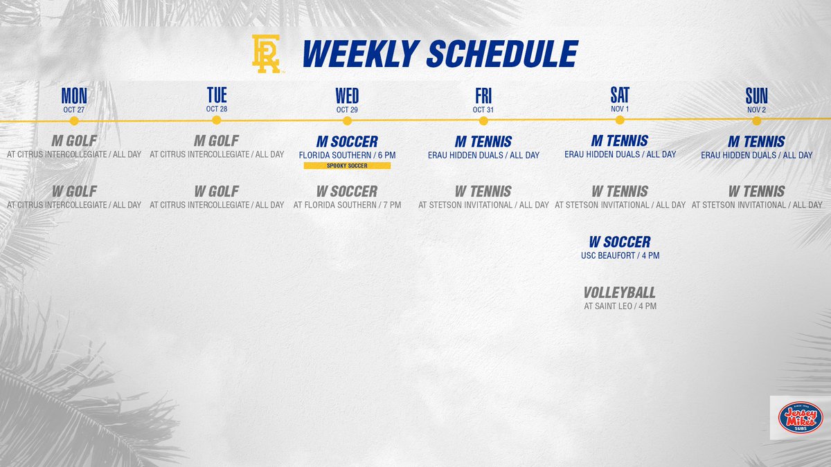 • <a href="/ERAUMSoccer/">Embry-Riddle Men's Soccer</a> celebrates Halloween with Spooky Soccer
• <a href="/ERAUWSoccer/">Embry-Riddle Women's Soccer</a> hosts its final home match of the regular season
• <a href="/ERAUMGolf/">Embry-Riddle Men's Golf</a> and <a href="/ERAUWGolf/">Embry-Riddle Women's Golf</a> cap off their fall seasons
• <a href="/ERAUMTennis/">Embry-Riddle Men's Tennis</a> hosts the ERAU Hidden Duals
#GoERAU // #DaytonasHometownTeam