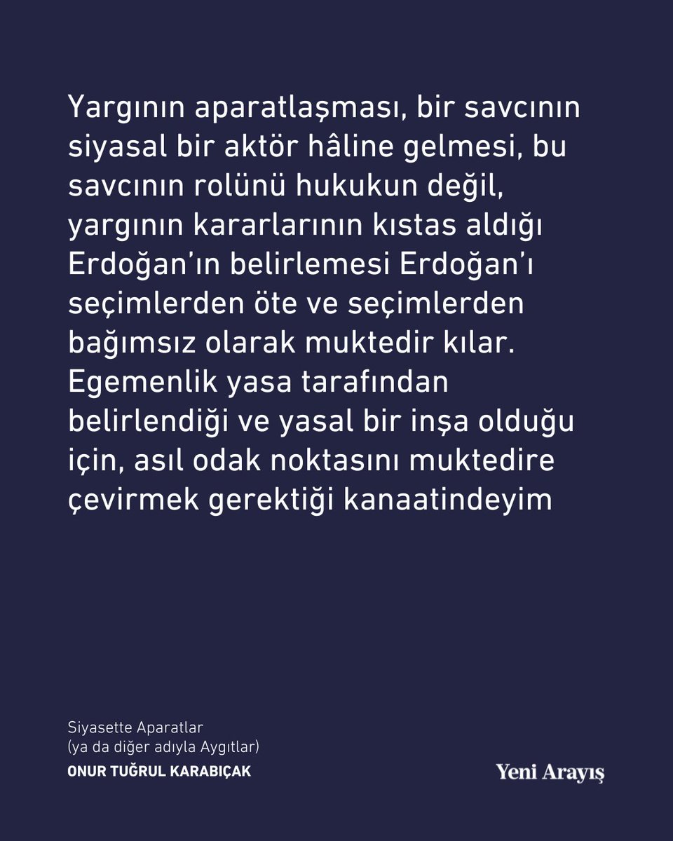 ❝ Egemenlik yasa tarafından belirlendiği ve yasal bir inşa olduğu için, asıl odak noktasını muktedire çevirmek gerektiği kanaatindeyim. ❞

✍️ Onur Tuğrul Karabıçak (<a href="/onurtugrulbey/">onur t. karabıçak</a>) yazdı.

Okumak için ➡️ yeniarayis.com/yazi/siyasette…