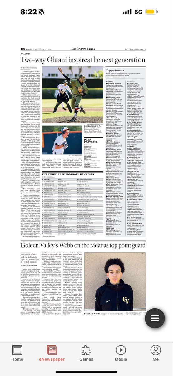 High school sports in Monday LA Times.