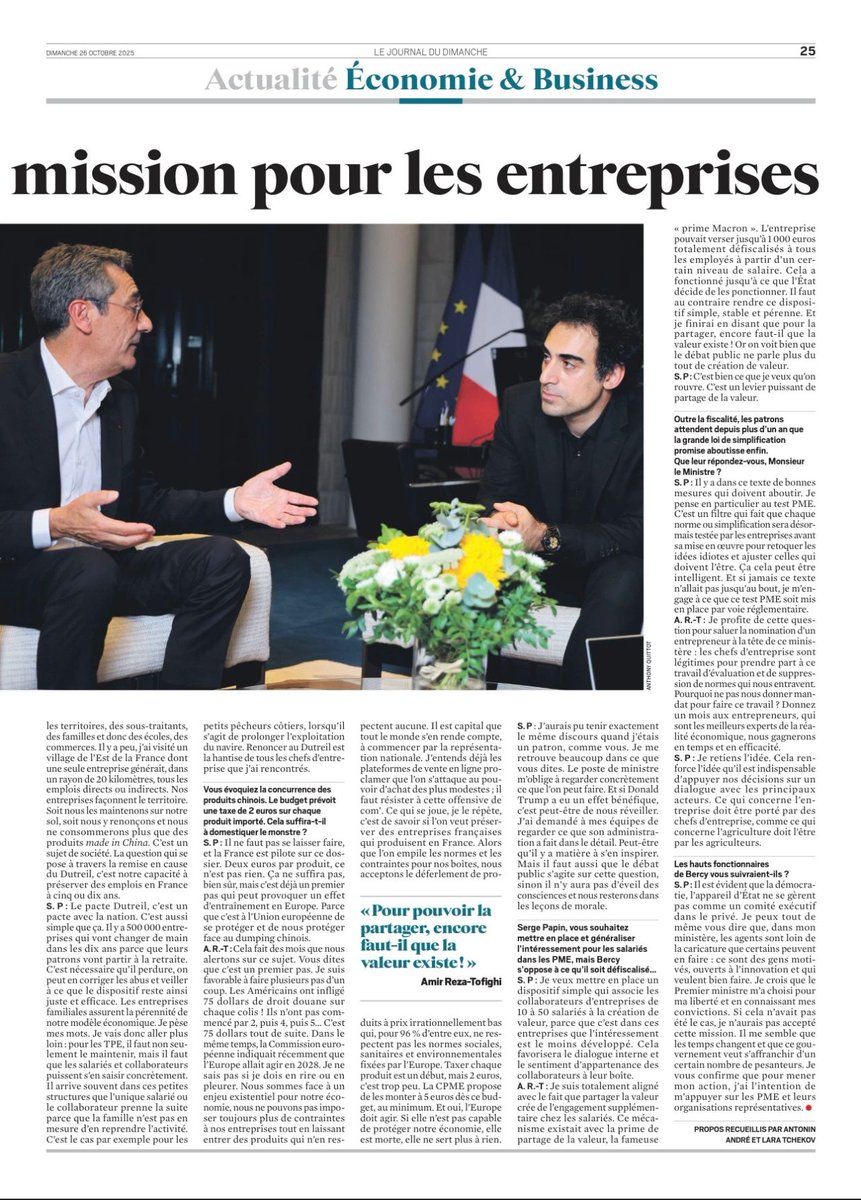 💬Budget : "Le doute est un poison. Il faut un cap clair." Dans une interview croisée avec le ministre des PME <a href="/SergePapin/">Serge Papin</a> parue dans @lejdd, <a href="/AmirRT/">Amir Reza-Tofighi</a> appelle à de la clarté, de la stabilité et des règles justes.

Retrouvez l'interview complète: urlr.me/e5ZJrj