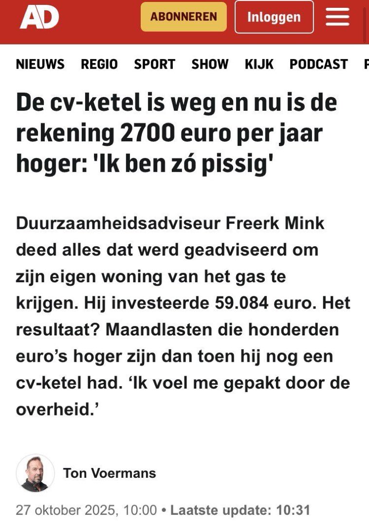 <a href="/thinkBTO/">Dr. Daniel Stelter</a> Sie hatten natürlich recht! Grüße aus Holland (auch nach #Hamburg) 
**Der Heizkessel ist weg, und jetzt ist die Rechnung 2.700 Euro pro Jahr höher: „Ich bin so sauer“**

Nachhaltigkeitsberater Freerk Mink hat alles getan, was empfohlen wurde, um sein eigenes Haus vom