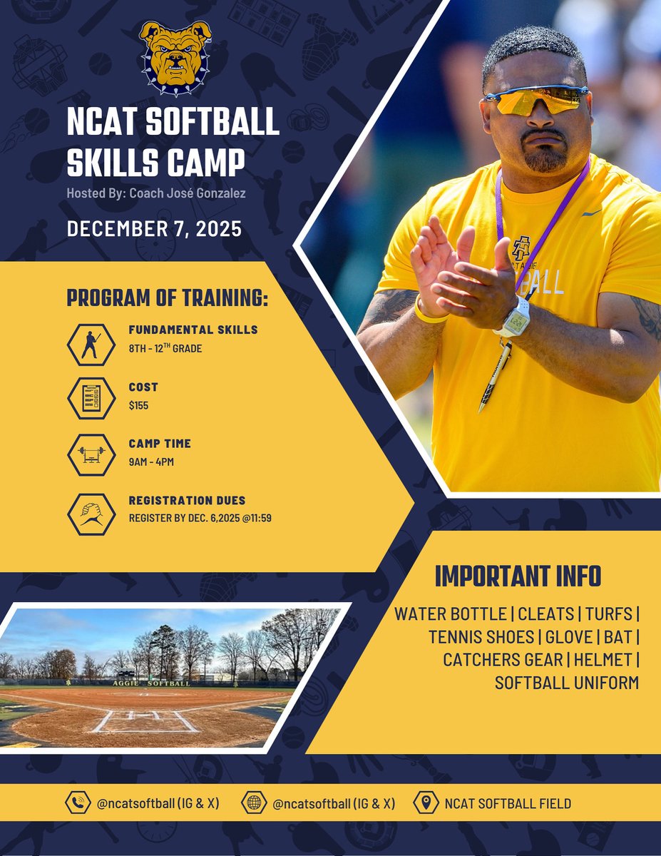 Level up your game.
NCAT Softball Skills Camp — December 7th.
Train. Compete. Grow. 💪🥎
Register by December 6th!

register.ryzer.com/camp.cfm?ID=31…