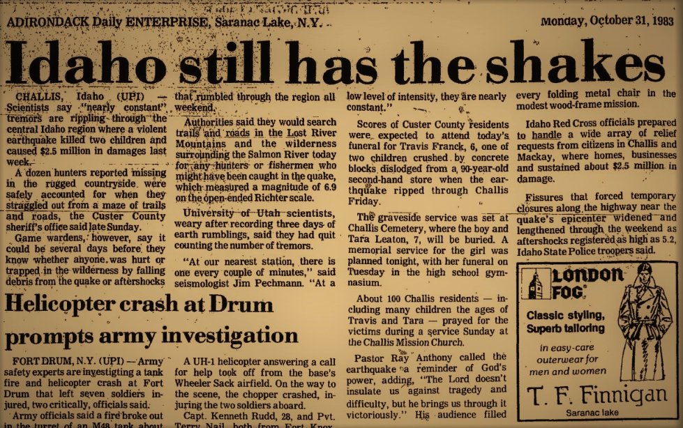 28 October 1983 14:06 UT
Mw6.9 #earthquake hit the area of Borah Peak, Southern Idaho (Idaho's largest EQ), causing lots of damage and killing two school children. Felt in 7 states and in parts of Canada. One year of aftershocks.
earthquake.usgs.gov/earthquakes/ev…
nyshistoricnewspapers.org
