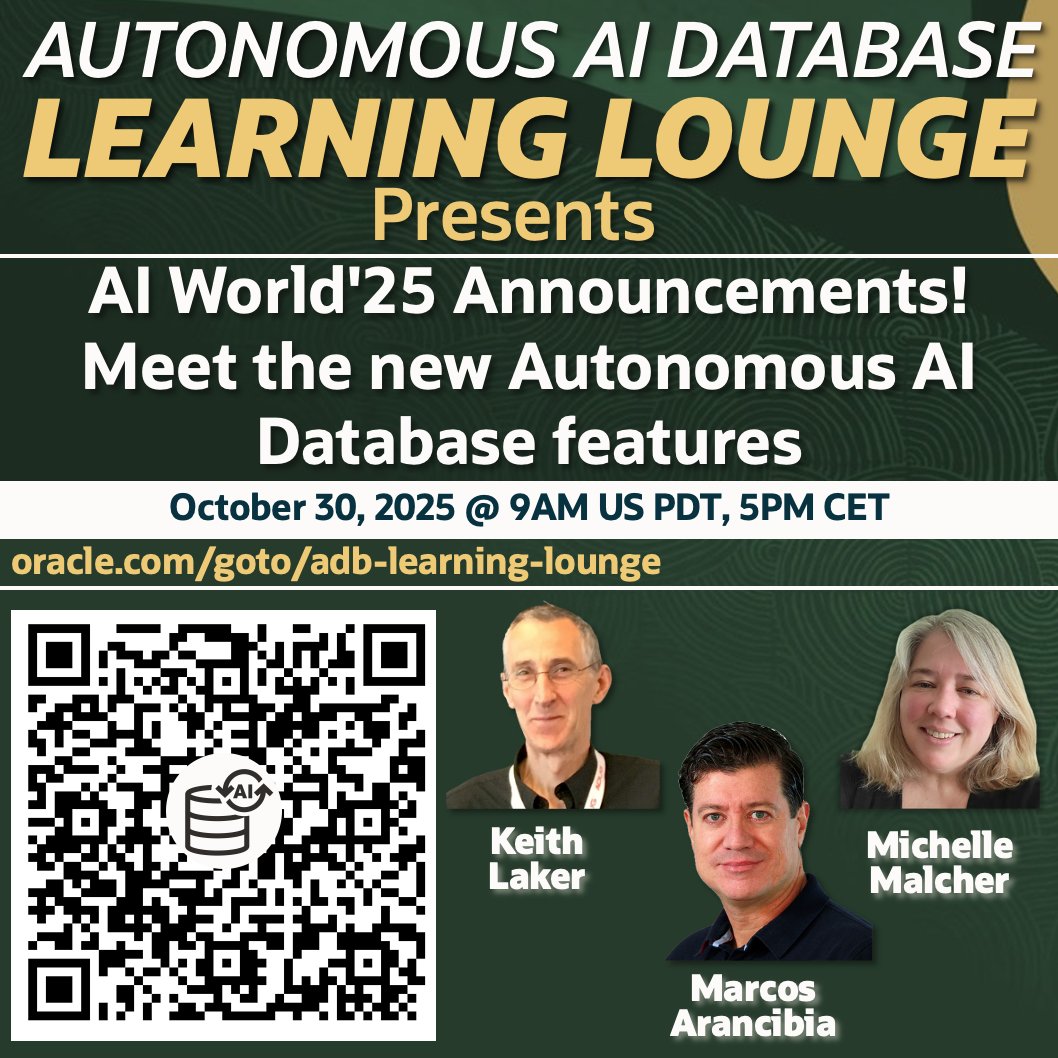 MarcosArancibia's tweet image. Discover the latest in #AutonomousAIDatabase from #OracleAIWorld2025!  apexadb.oracle.com/ords/r/tech/ca…  Join our #LearningLounge to hear about the new Autonomous AI #Lakehouse with #Iceberg, AI #Agents, improved catalog &amp;amp; more. Bring your questions for live Q&amp;amp;A! #OracleAI #Oracle