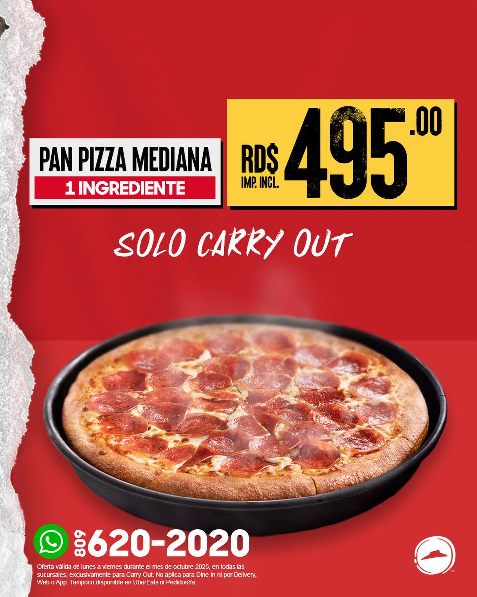 PizzaHutRD's tweet image. Tu pizza favorita te espera. ¡Aprovecha los Hut Days! 🍕✨
Oferta válida de lunes a viernes durante el mes de octubre 2025, en todas las
sucursales, exclusivamente para Carry Out y Delivery. No aplica para Dine In.
Tampoco disponible en UberEats ni PedidosYa.
#HutDays #PizzaLover
