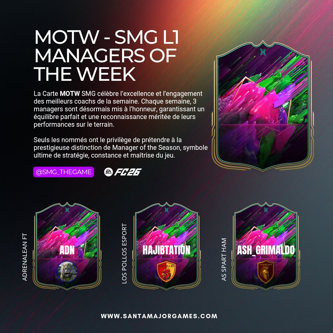 👔 MANAGER OF THE WEEK – SEMAINE 1 

Ils ont brillé, géré, inspiré.
3 coachs d’exception honorés en SMG L1.
L’excellence commence ici.
#SMG #MOTW #L1 #ManagerOfTheWeek
santamajorgames.com