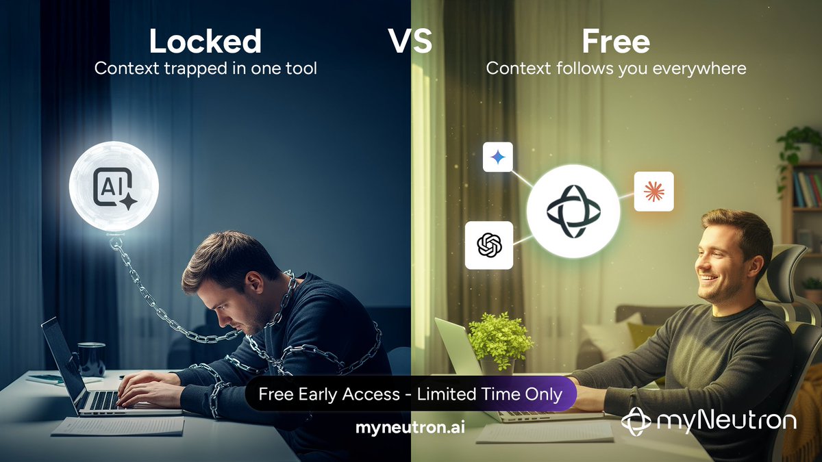 myNeutron_ai's tweet image. Breaking up with ChatGPT is hard when your workflow lives inside it.

The trap:
Months building context in ChatGPT. It knows your projects, style, preferences. Trained through hundreds of conversations.

Claude releases something better for your use case. Or Gemini adds a feature…